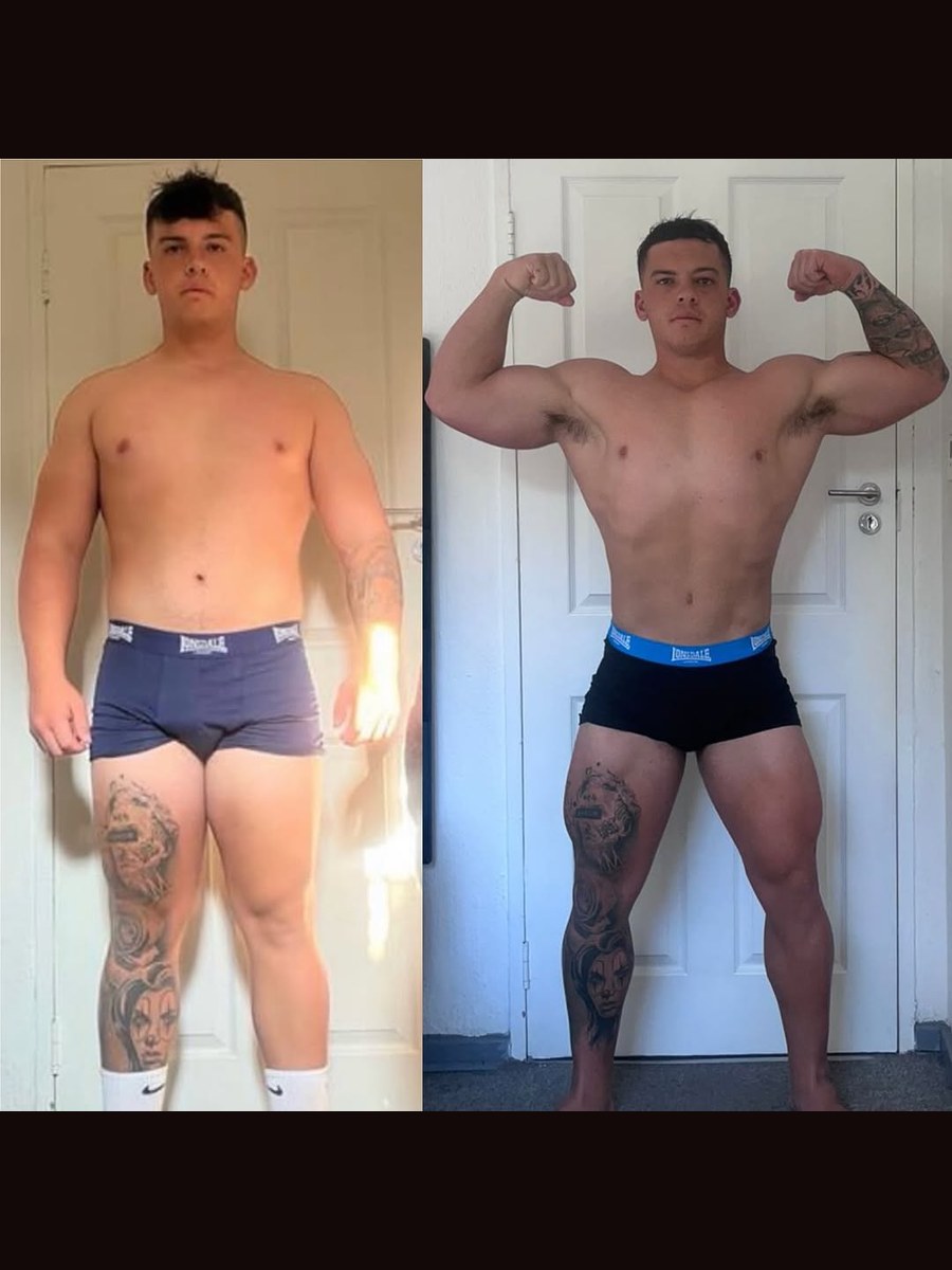 Dev&rsquo;s published plate for Dylan: February 2025 at 96kg beside May 2026 at 96kg, front relaxed and front double biceps, 1 of 4