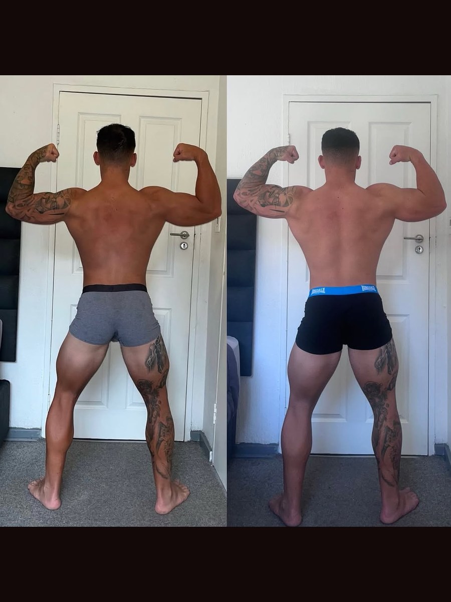 Dev&rsquo;s published plate for Dylan: the same sixteen months from behind, back relaxed beside back double biceps, 2 of 4